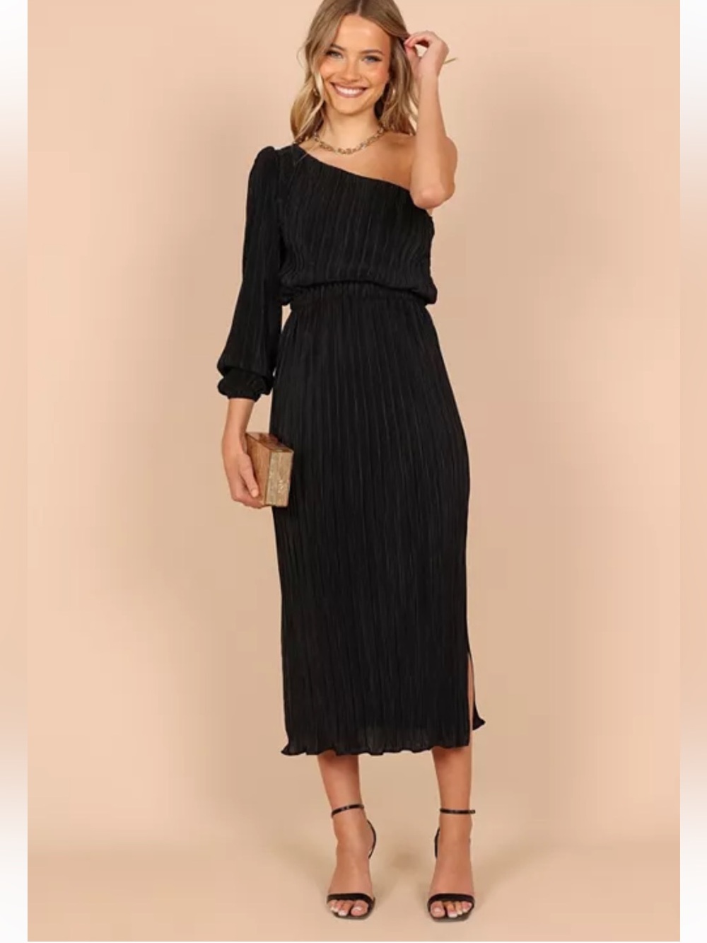 Petal & Pup Ponte Black One Shoulder Pleated Midi Dress Size XL New